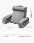 Reading Pillow, Backrest Support Pillow with Arm and 3 Pockets, Large Size Bed Pillow with Removable Headrest & 25D Sponge, Handle for Easy Carrying, for Reading, Gaming, Resting, Working, Grey