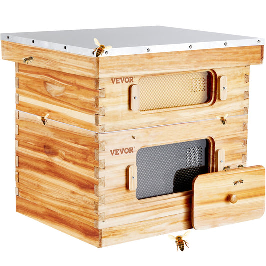 Bee Hive 20 Frame Bee Hives Starter Kit, Beeswax Coated Cedar Wood, 1 Deep + 1 Medium Bee Boxes Langstroth Beehive Kit, Transparent Acrylic Windows with Foundations for Beginners Pro Beekeepers