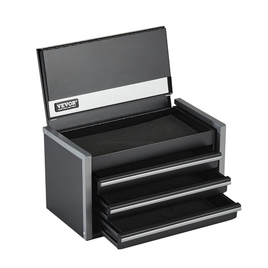Metal Tool Box, 8.6-inch, Portable Metal Tool Box with 3 Drawers, Small Tool Chest with EVA Liners and PP Feet Pads, Heavy-Duty Steel With Ball Bearing Opening and Powder Coated Finish, Black