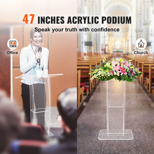 Acrylic Podium, 47" Tall, Clear Acrylic Podium Stand with Wide Reading Surface & Storage Shelf, Floor-standing Clear Pulpits Acrylic for Church Office School
