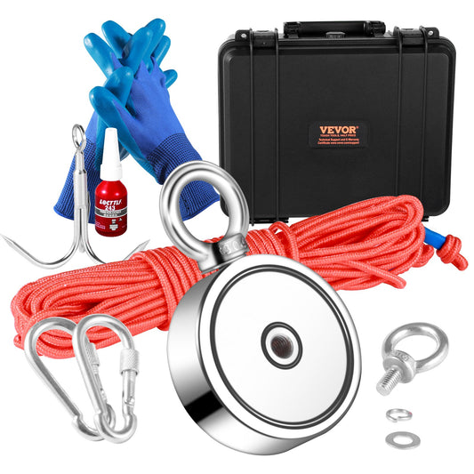 Magnet Fishing Kit, 1200lbs Pulling Force Double Sided Fishing Magnets, 2.95inch Diameter Magnet with Rope, Grappling Hook, Gloves, Waterproof Case, Threadlocker, Eye Bolt, for Fishing