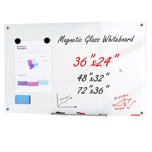 Magnetic Glass Whiteboard, Dry Erase Board 36"x24", Wall-Mounted Large White Glassboard Frameless, with Marker Tray, an Eraser and 2 Markers, White
