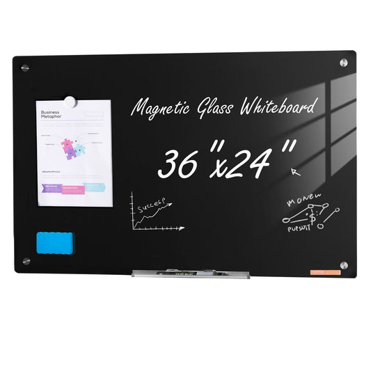 Magnetic Glass Whiteboard, Dry Erase Board 36"x24", Wall-Mounted Large White Glassboard Frameless, with Marker Tray, an Eraser and 2 Markers, Black