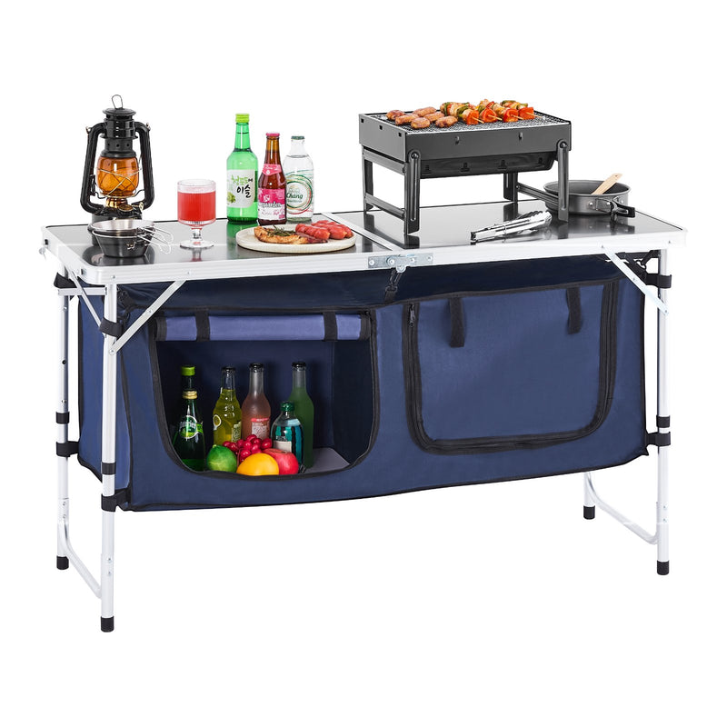 Camping Kitchen Table Folding Outdoor Cook Station 3 Height Blue