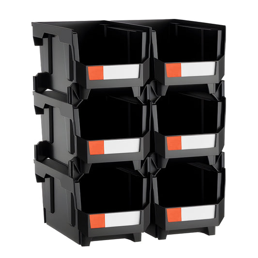 Plastic Stackable Storage Bins, 37.7 x 21.5 x 18 cm (6 Pack), Plastic Containers for Organizing and Storage Bins for Closet, Garage, Small Parts, Office Supplies and Other Accessories, Black