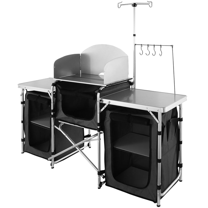 Camping Kitchen Table Folding Aluminum 3 Cupboard Windscreen Black