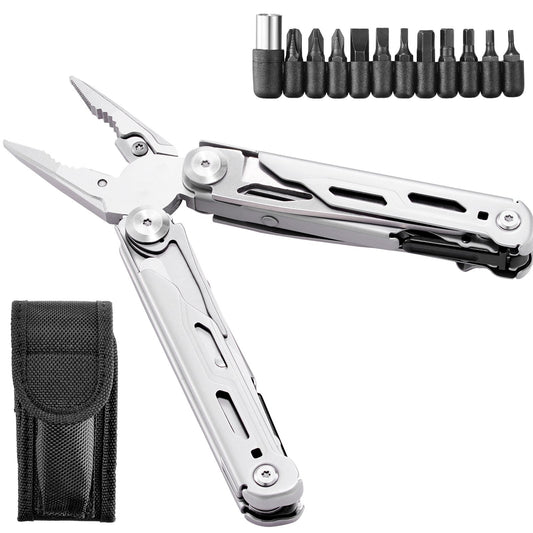 16-In-1 Multitool Pliers, Multi Tool Pliers, Cutters, Knife, Scissors, Ruler, Screwdrivers, Wood Saw, Can Bottle Opener, with Safety Locking and Sheath, for Survival, Camping, Hunting and Hiking