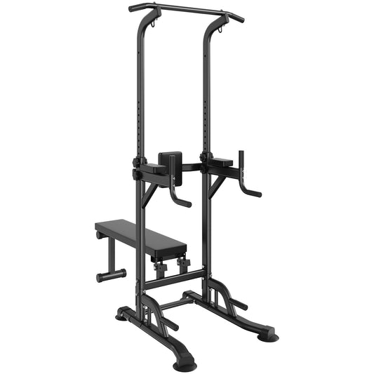 Power Tower with Bench, 10-Level Height Adjustable Pull Up Bar Stand Dip Station & Detachable Bench, Multi-Function Home Gym Strength Training Fitness Equipment with Backrest, Elbow Pads, 440LBS