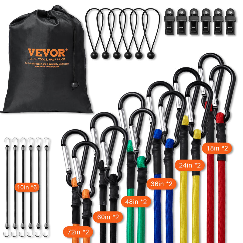 30pc 8mm Heavy Duty Bungee Cords Set Steel Carabiners