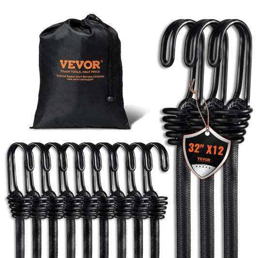 12pc Bungee Cords 32in Hooks Heavy Duty 8mm Black Straps