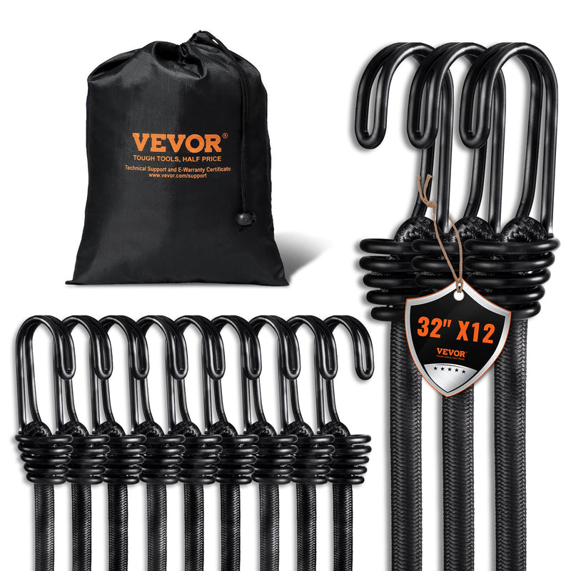 12pc Bungee Cords 32in Hooks Heavy Duty 8mm Black Straps