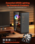 VEVOR Mid-Tower ATX Gaming Case 3x120mm ARGB Fans Black