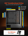 PC Gaming Case Mid-Tower Tempered Glass 4x120mm Fans ATX