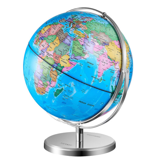 Illuminated World Globe with Stand, 228.6 mm, Educational Earth Globe with Stable Heavy Metal Base and LED Constellation Night Light HD Printed Map, Spinning for Kids Classroom Learning