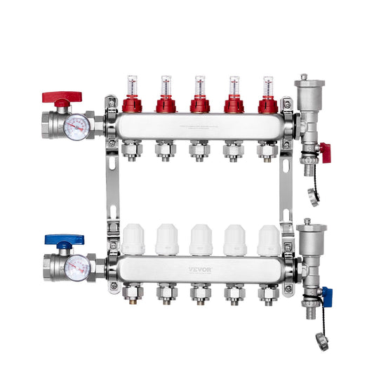 5-Branch 1/2" PEX Radiant Heat Manifold Stainless Steel