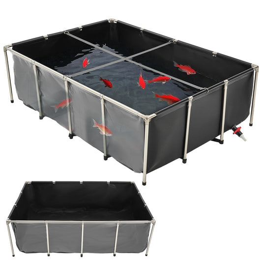 Canvas Fish Pond, 1781.3L Above Ground Fish Pond, PVC Koi Tank with Clear Viewing Panel, Rectangular Goldfish Tank with Stainless Steel Frame & Drain Valve, for Breeding Koi, Irrigation(Black)