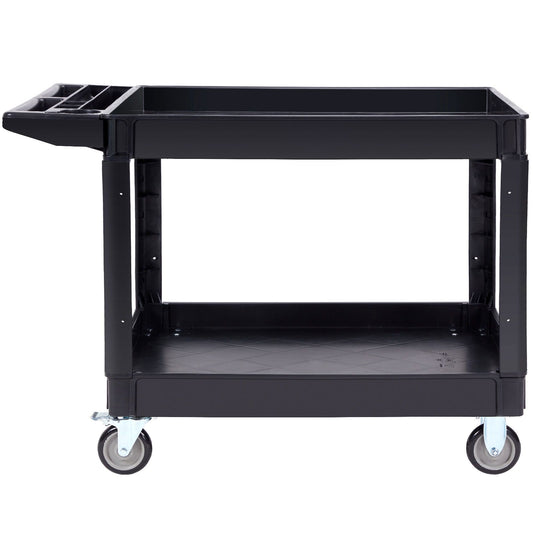 Utility Service Cart, 2 Shelf 550LBS Heavy Duty Plastic Rolling Utility Cart with 360° Swivel Wheels (2 with Brakes), Large Lipped Shelf, Ergonomic Storage Handle for Warehouse/Garage/Cleaning