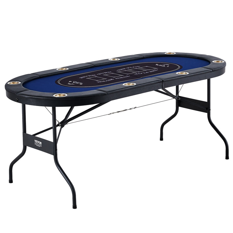 8 Player Poker Table 183cm Oval Padded Blue Stainless Steel Cups