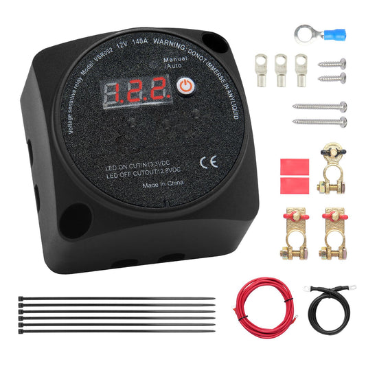 Dual Battery Isolator Kit, 140Amp, Manual and Auto Modes VSR Voltage Sensitive Relay with LCD Screen, Smart Battery Isolator for ATV UTV RV Camper Off-Road Vehicle Caravan Truck Boat Yacht