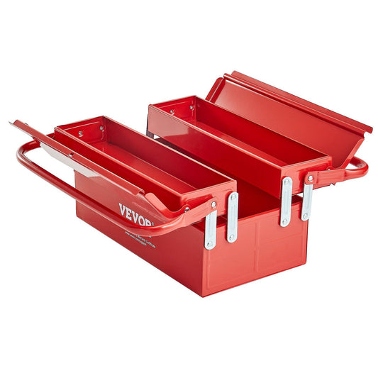 Metal Tool Box, 14-inch, 2-Tier 3-Tray Portable Folding Tool Chest Organizer with Handle & Lock Hole, Powder Coated Steel, Cantilever Toolbox for Household Factory Warehouse Repair Shop, Red