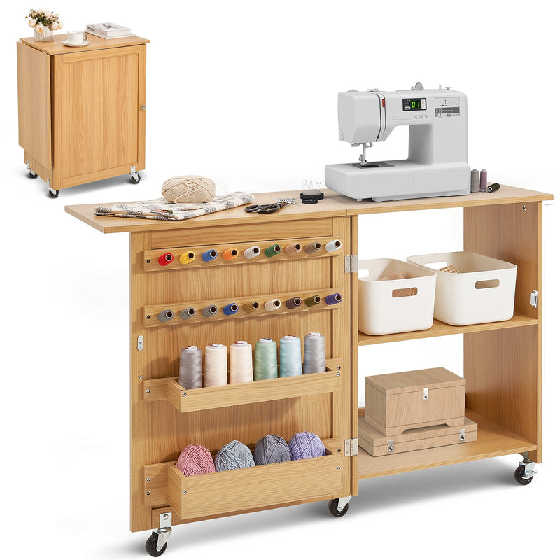 Folding Sewing Table Wood Lockable Wheels Shelves Trays Door