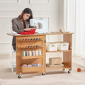 Folding Sewing Table Wood Lockable Wheels Shelves Trays Door