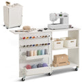 Folding Sewing Table Lockable Wheels Storage Shelves White