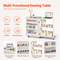 Folding Sewing Table Lockable Wheels Storage Shelves White