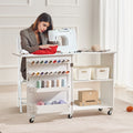 Folding Sewing Table Lockable Wheels Storage Shelves White