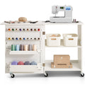 Folding Sewing Table Lockable Wheels Storage Shelves White