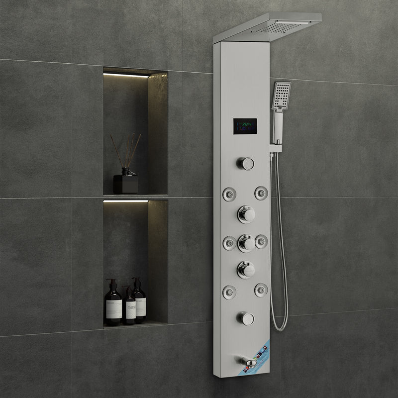 Shower Panel 6 Modes LED Rainfall Waterfall 8 Massage Jets Stainless Steel