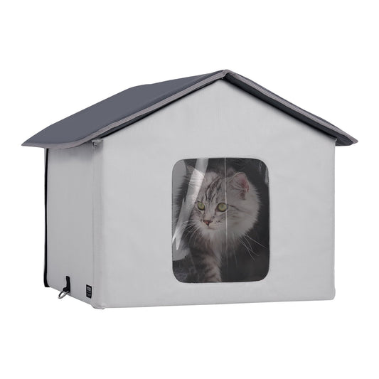 Heated Cat House Outdoor Shelter 600D Oxford Foldable Grey