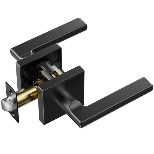 Passage Door Handle, 1 Pack Matte Black Door Lever, Left or Right Handing Reversible Lever Non-Locking, Rotation to Open, Square Interior Door Handles for Hallways, Closets, Meeting Spaces