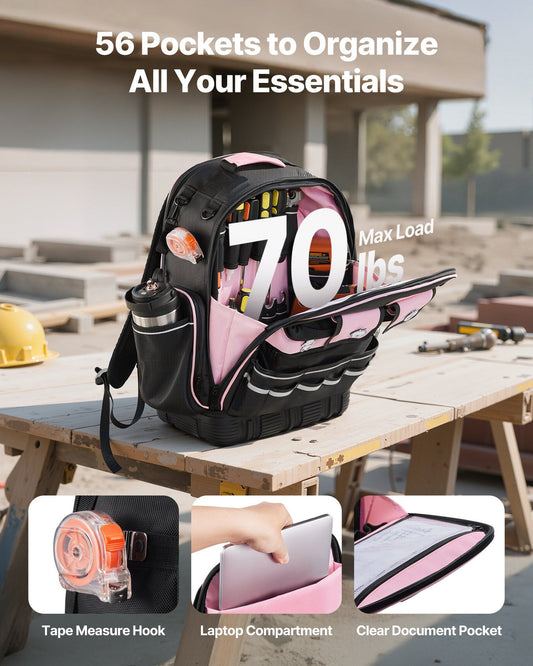Tool Backpack 56 Pockets Heavy Duty Storage Organiser Laptop Compartment