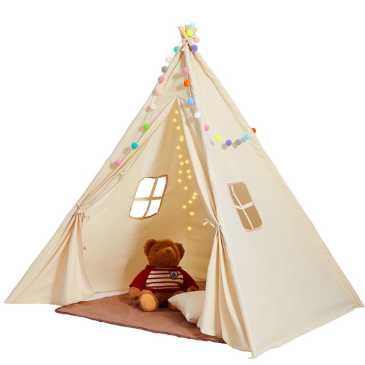 Kids Teepee Tent with Mat Plush Balls Windows Indoor Outdoor