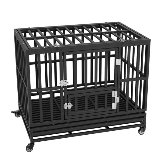 Heavy Duty Dog Crate 38in Metal Kennel Wheels Tray
