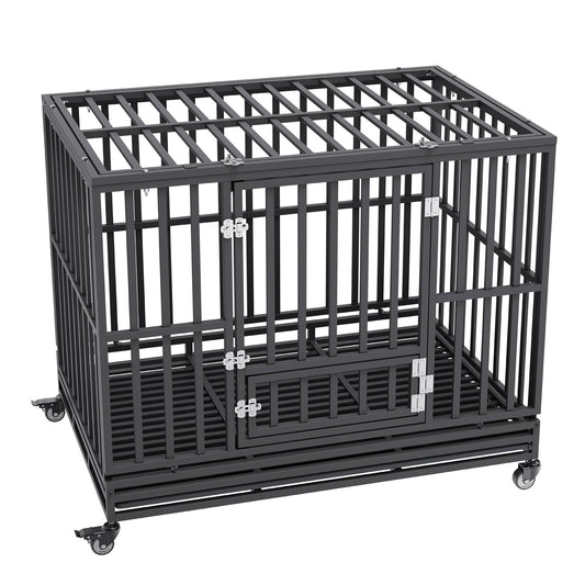 47" Heavy Duty Dog Crate 3-Door Medium Large Dogs Lockable Wheels