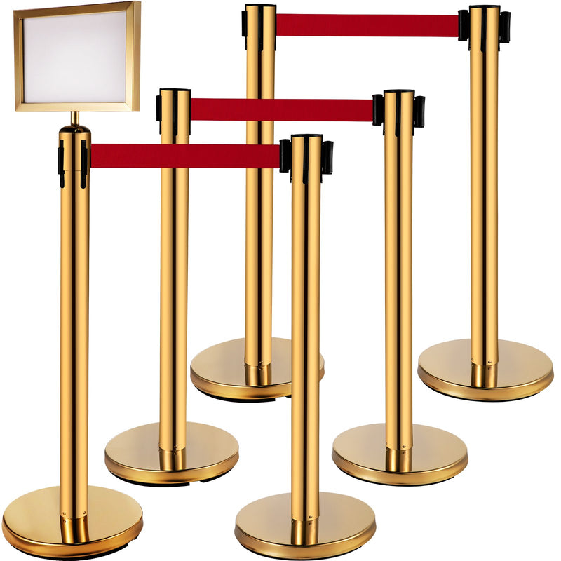 Stanchion Post 6-Set Queue Barriers Gold Retractable Belts Sign Frame