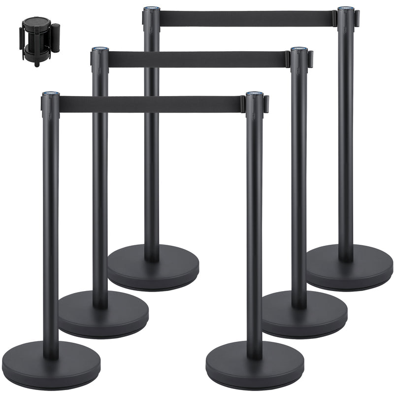 Crowd Control Stanchion Set 6 Piece Black 2m Retractable Belt