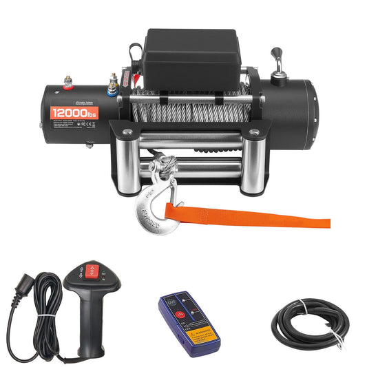 Electric Winch, 5400 kg Load Capacity, 12V DC Truck Winch with Φ9.1 mm x 24 m Steel Rope, Wireless & Wired Remote Control, IP55 Waterproof for Towing SUV Jeep Trailer Boat Off-Road Vehicle