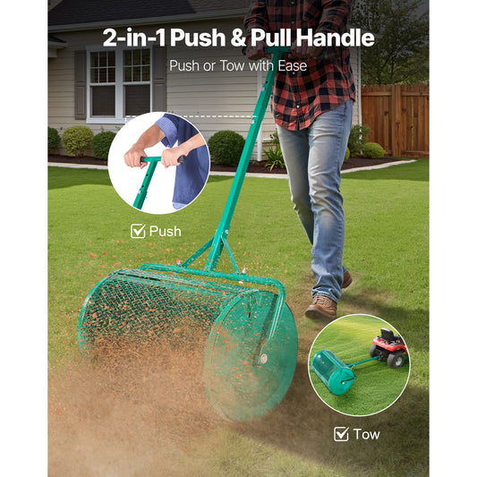 Compost Spreader, 24 in Wide Peat Moss Spreader with Push/Tow Handle, 4 Heights Adjustable, Powder-Coated Steel Garden Peat Moss Roller, Heavy Duty Grass Seed Spreaders for Planting Seeding