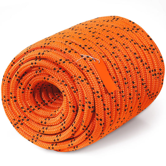 Double Braided Polyester Rope, 19 mm x 67.06 m, 24 Strands, 88.96kN Breaking Strength Outdoor Climbing Rope, Arborist Rigging Rope for Rock Hiking Camping Swing Rappelling Rescue, Orange/Black