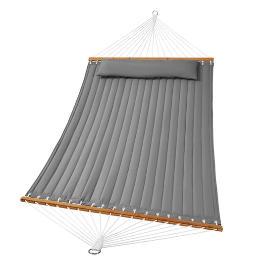 DOUBLE Quilted Fabric Hammock, 12 FT DOUBLE Hammock with Hardwood Spreader Bars, 2 Person Quilted Hammock with Detachable Pillow and Chains for Camping Outdoor Patio Yard Beach, 480 lbs Capacity