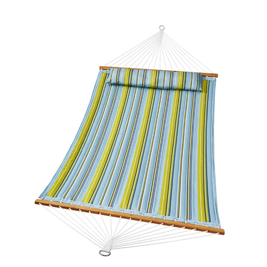 DOUBLE Quilted Fabric Hammock, 12 FT DOUBLE Hammock with Hardwood Spreader Bars, 2 Person Quilted Hammock with Detachable Pillow and Chains for Camping Outdoor Patio Yard Beach, 480 lbs Capacity