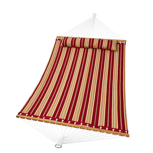 DOUBLE Quilted Fabric Hammock, 12 FT DOUBLE Hammock with Hardwood Spreader Bars, 2 Person Quilted Hammock with Detachable Pillow and Chains for Camping Outdoor Patio Yard Beach, 480 lbs Capacity