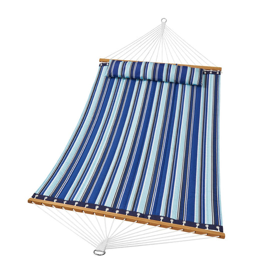 DOUBLE Quilted Fabric Hammock, 12 FT DOUBLE Hammock with Hardwood Spreader Bars, 2 Person Quilted Hammock with Detachable Pillow and Chains for Camping Outdoor Patio Yard Beach, 480 lbs Capacity