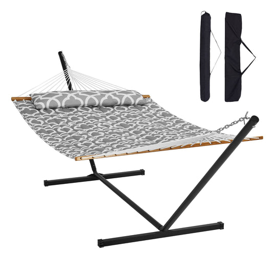 Two Person Hammock with Stand Included Heavy Duty 480lb Capacity, DOUBLE Hammock with 12 FT Steel Stand and Portable Carrying Bag and Pillow, Freestanding Hammock for Outdoor Patio Yard Beach