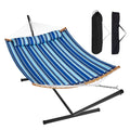 Two Person Hammock with Stand Included, Double Hammock with Curved Spreader Bar and Detachable Pillow and Portable Carrying Bag, Perfect for Outdoor Freestanding Hammock, 480lb Capacity