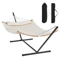 Two Person Hammock with Stand Included, Double Hammock with Curved Spreader Bar and Detachable Pillow and Portable Carrying Bag, Perfect for Outdoor Freestanding Hammock, 480lb Capacity