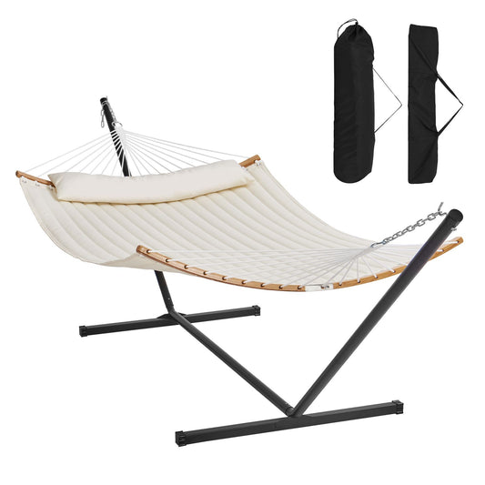 Two Person Hammock with Stand Included, DOUBLE Hammock with Curved Spreader Bar and Detachable Pillow and Portable Carrying Bag, Perfect for Outdoor Freestanding Hammock, 480lb Capacity